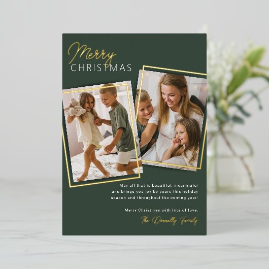 Moderne 2-fotoKerstmis Folie Feestdagenkaart (Staand Voorkant)