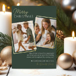 Moderne 2-fotoKerstmis Folie Feestdagenkaart<br><div class="desc">Stijlvolle kerstkaart met een moss groene achtergrond,  twee foto's die je kunt vervangen door je eigen,  echte gouden foliegrenzen,  de seizoenen die 'vrolijk kerstfeest' begroeten,  een gepersonaliseerde boodschap,  en je familienaam.</div>