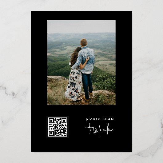 Moderne 2 foto's QR CODE roos gouden script bruilo Folie Uitnodiging (Achterkant)