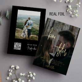Moderne 2 foto's QR CODE roos gouden script bruilo Folie Uitnodiging