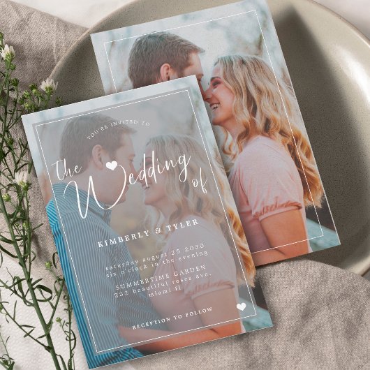 Moderne 2 foto's, witte overlay, chic bruiloft kaart