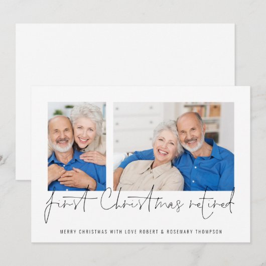 Moderne 2-fotoscript Eerste Kerstmis in ruste Feestdagenkaart (Voorkant / Achterkant)