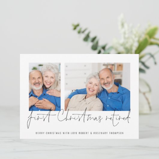 Moderne 2-fotoscript Eerste Kerstmis in ruste Feestdagenkaart (Staand voorkant)