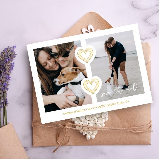 Moderne 2 Multi Foto's & 2 Kanten Hartjes Wit & Go Save The Date