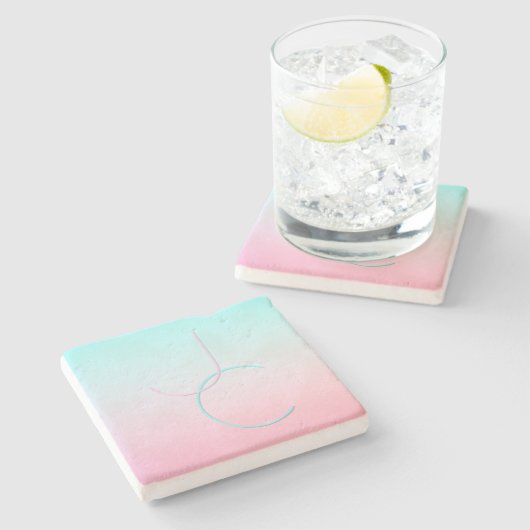 Moderne 2 overlappende Initialen | Turquoise Pink Stenen Onderzetter (Zijkant)