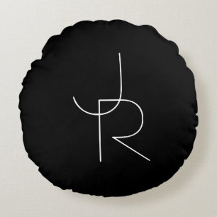 Moderne 2 overlappende initialen Wit op zwart Rond Kussen