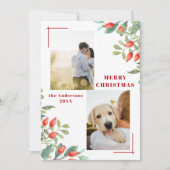 Moderne 2 Photo Collage Winter Botanicals Kerstmis Feestdagenkaart (Voorkant)