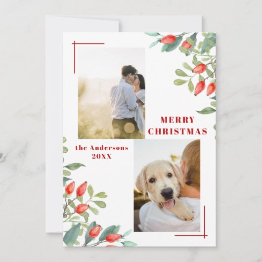 Moderne 2 Photo Collage Winter Botanicals Kerstmis Feestdagenkaart (Voorkant)