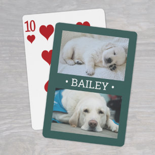 Moderne 2 Photo Dog of elke naam groen en wit Pokerkaarten