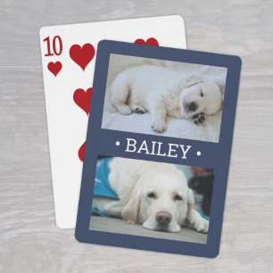 Moderne 2 Photo Dog of elke naam Navy Blauw en Wit Pokerkaarten