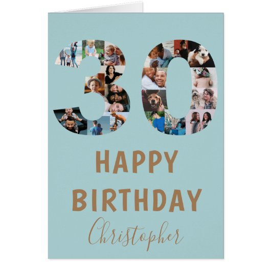 Moderne 30e Happy Birthday Photo Collage Blue (Voorkant)