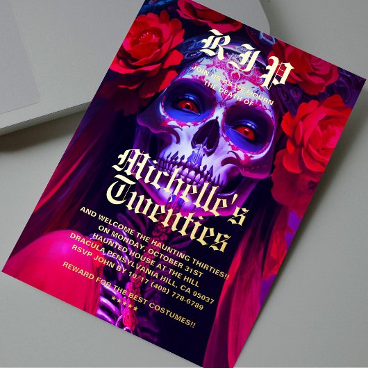 Moderne 30e verjaardag Halloween Red Rose Lady Sku Folie Uitnodiging