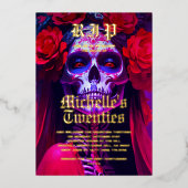 Moderne 30e verjaardag Halloween Red Rose Lady Sku Folie Uitnodiging (Voorkant)