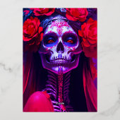 Moderne 30e verjaardag Halloween Red Rose Lady Sku Folie Uitnodiging (Achterkant)