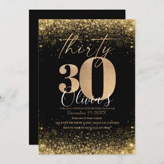 Moderne 30e verjaardagsfeest Black Gold Glitter Kaart (Voorkant / Achterkant)