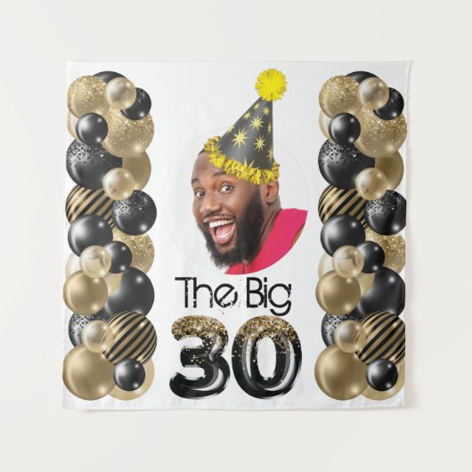 Moderne 30e Verjaardagsfoto Zwart Goud Wandkleed (Voorkant)