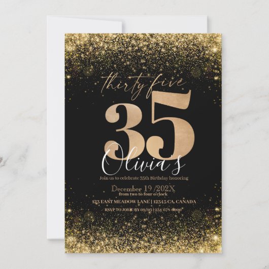Moderne 35e verjaardagsfeest Black Gold Glitter Kaart (Voorkant)