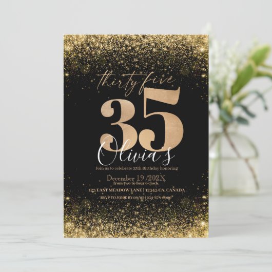 Moderne 35e verjaardagsfeest Black Gold Glitter Kaart (Staand voorkant)