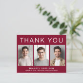 Moderne 3 Foto Afstudeer Burgundyrood Bedankt Briefkaart (Staand voorkant)