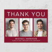 Moderne 3 Foto Afstudeer Burgundyrood Bedankt Briefkaart (Voorkant)