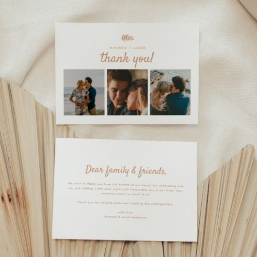 Moderne 3-foto Beige Bloemblad bruiloft Bedankkaart
