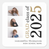 Moderne 3 foto Black Gold Text 2023 Afstuderen Vierkante Sticker (Voorkant)