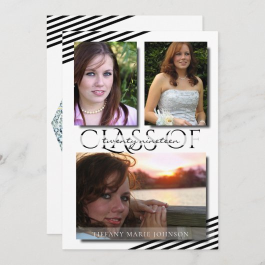 Moderne 3 foto Black Stripes Afstudeerfeest Kaart (Voorkant / Achterkant)
