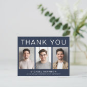 Moderne 3 Foto Blauwe Afstudeer Dankjewel Briefkaart (Staand voorkant)