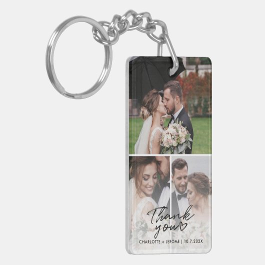 Moderne 3 foto collage bruiloft dank u op maat sleutelhanger (Voorkant Links)