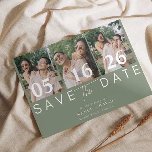Moderne 3 foto Collage Sage Green bruiloft Save The Date