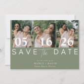 Moderne 3 foto Collage Sage Green bruiloft Save The Date (Voorkant)