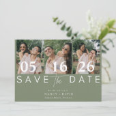 Moderne 3 foto Collage Sage Green bruiloft Save The Date (Staand voorkant)