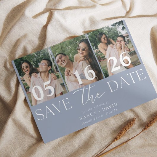 Moderne 3 foto Collage Stof Blauw Huwelijk Save The Date