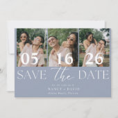 Moderne 3 foto Collage Stof Blauw Huwelijk Save The Date (Voorkant)