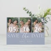 Moderne 3 foto Collage Stof Blauw Huwelijk Save The Date (Staand voorkant)