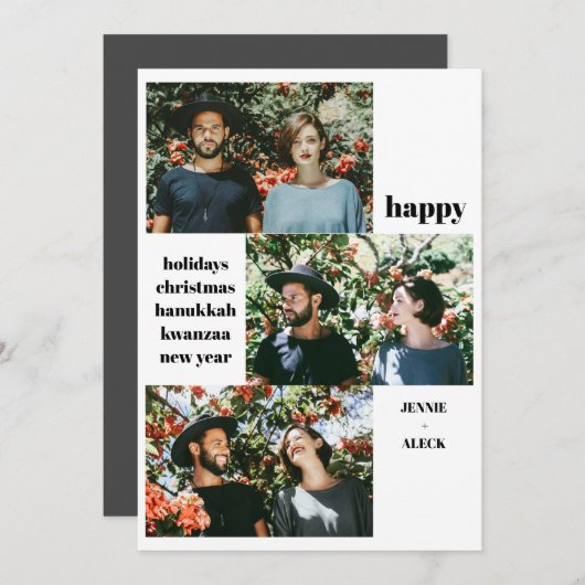 Moderne 3 Foto Collage Zwart en Wit Kerstmis Feestdagenkaart (Voorkant / Achterkant)