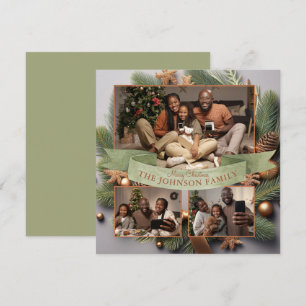 Moderne 3 Foto Familie Kerst Evergreen Feestdagenkaart