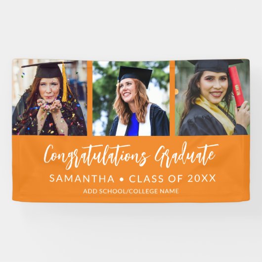 Moderne 3 Foto Felicitaties Oranje Afstuderen Spandoek (Horizontaal)