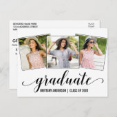 Moderne 3 foto kalligrafie Afstudeerfeest Uitnodiging Briefkaart (Voorkant / Achterkant)