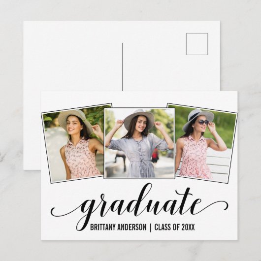 Moderne 3 foto kalligrafie Afstuderen Aankondiging (Voorkant / Achterkant)