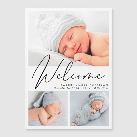 Moderne 3-foto magnetische geboorteaankondiging (Voorkant)