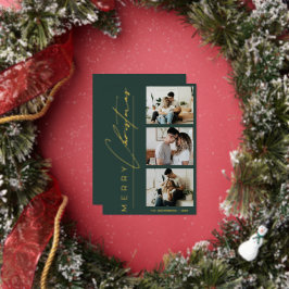 Moderne 3 Foto Minimalistische Groene Kerst Script Folie Feestdagenkaart