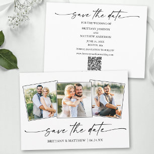 Moderne 3 foto minimalistische inkt script QR code Save The Date