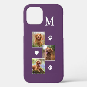 Moderne 3 Foto Monogram Paars Kat Hond iPhone 12 Hoesje