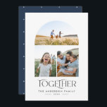 Moderne 3 fotoblauwe boeg samen typografie<br><div class="desc">Moderne elegante trendy samen typografie blauw Kerstfeest multi-3 fotovakantiekaart</div>