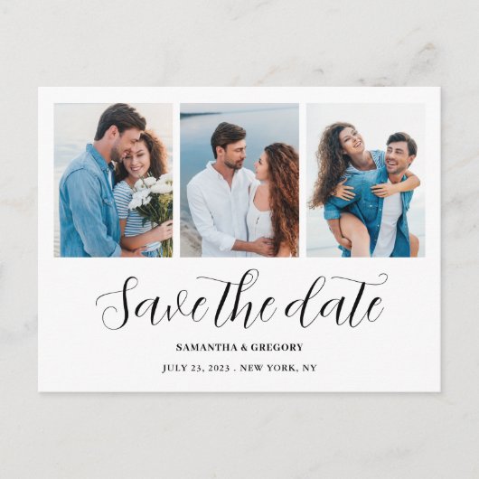 Moderne 3 fotocollage bewaar de datum bruiloft aankondigingskaart (Voorkant)