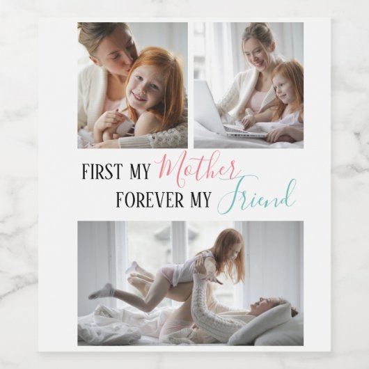 Moderne 3 fotocollage | Moeder | Dochter Wijn Etiket (Enkel label)