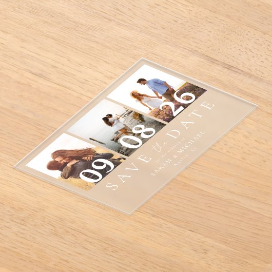 Moderne 3 Fotocollage Save the Date Wedding Acryl Uitnodigingen (Laagn)