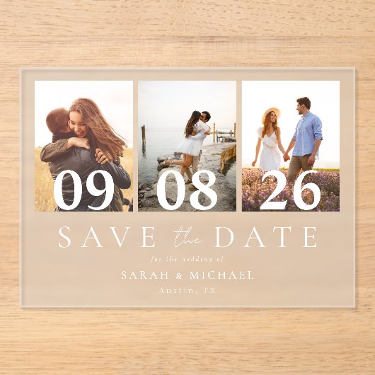 Moderne 3 Fotocollage Save the Date Wedding Acryl Uitnodigingen