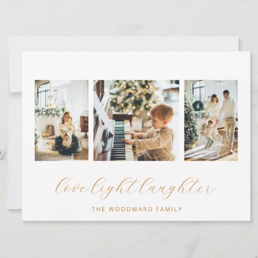 Moderne 3-fotofamilie feestdagenkaart (Voorkant)